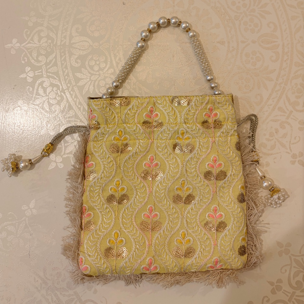 CUTE Embroidered Yellow Drawstring Potli Bag with Pearl Handle
